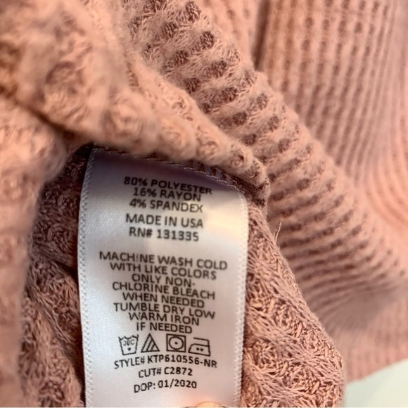 Dusty Rose Pink Thermal Waffle Knit V-Neck Tie Front Short Sleeves Tee Top - Picture 4 of 4